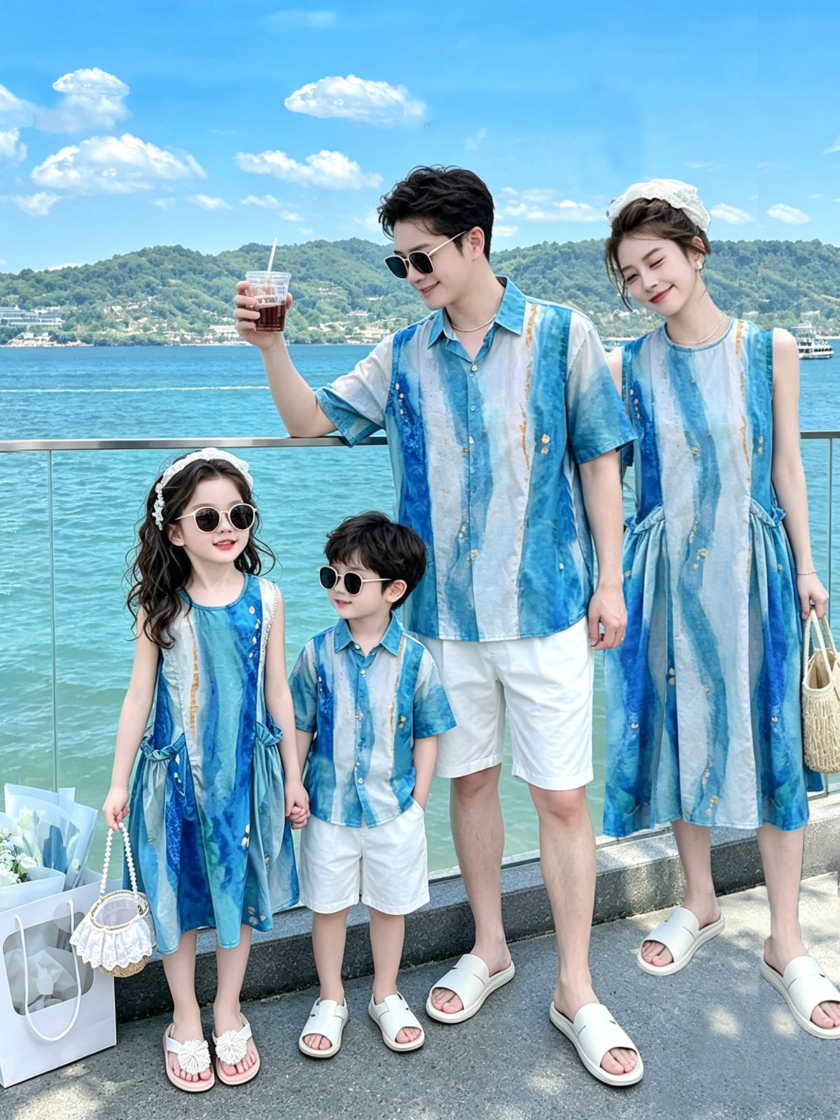 Travel and vacation dresses, family matching outfits for a family of three or four, mother and son, mother and daughter, seaside beach shirt sets, Sanya - image 1