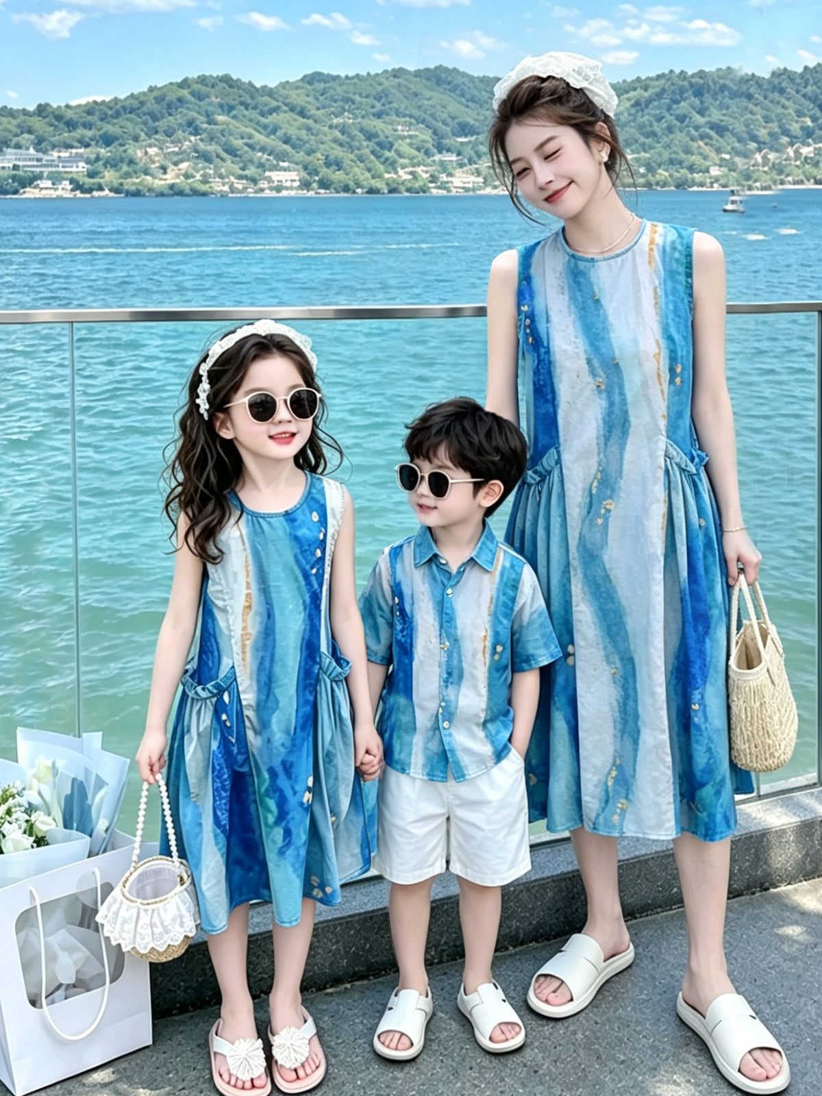 Travel and vacation dresses, family matching outfits for a family of three or four, mother and son, mother and daughter, seaside beach shirt sets, Sanya - image 5