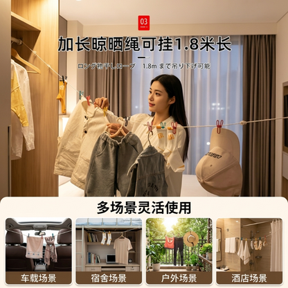 Travel and tourism clothes drying gadget, portable hotel clothesline, business trip clothes hanger with clips, foldable clothes rope - image 2