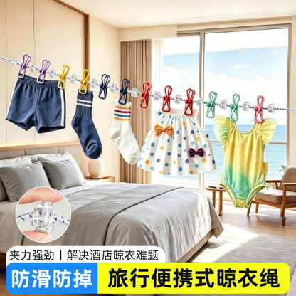 Travel and tourism clothes drying gadget, portable hotel clothesline, business trip clothes hanger with clips, foldable clothes rope - image 1