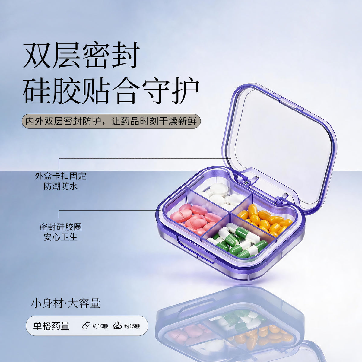 Four-compartment pill box, portable medicine storage box for seven days, portable pill organizer, moisture-proof travel medicine container - image 2