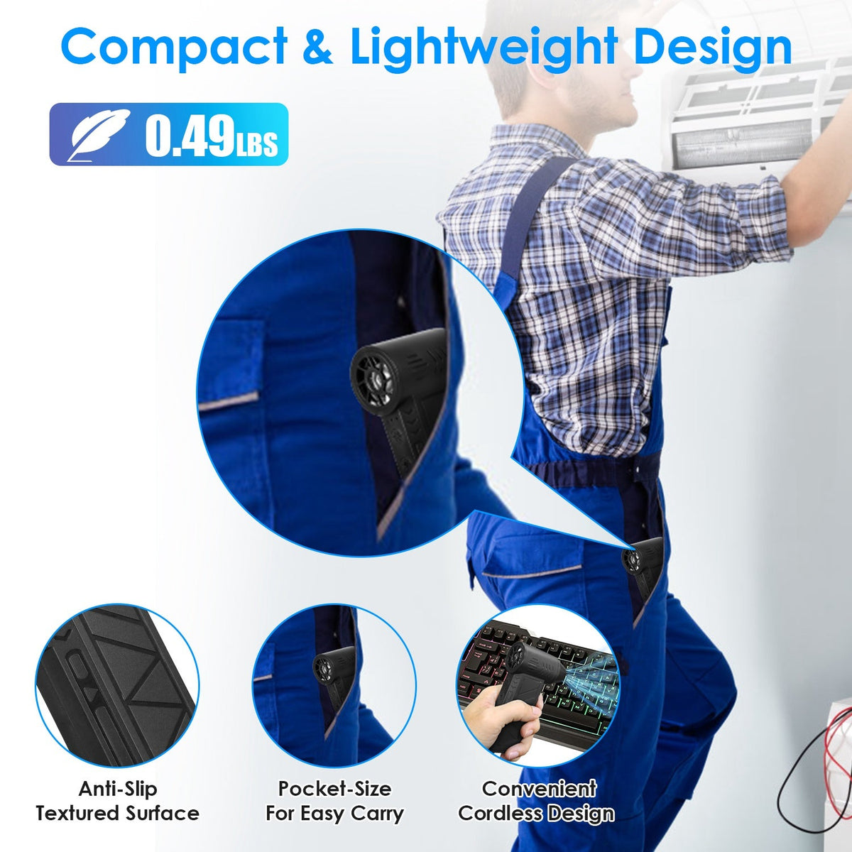 Rechargeable Compressed Air Duster with LED Light | Cordless Keyboard & Electronics Cleaner