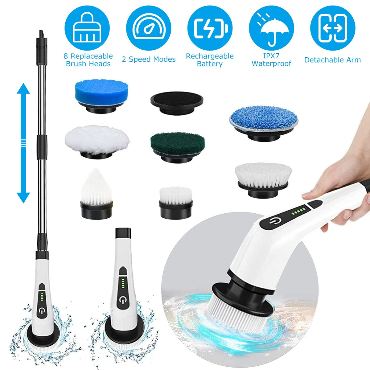 Cordless Electric Spin Scrubber with 8 Brush Heads | Rechargeable Bathroom & Floor Cleaning Brush