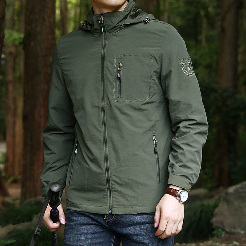 Spring and Autumn Thin Solid Color Embroidered Hooded Workwear Military Outdoor Leisure Travel Jacket Men's Jacket Coat - image 1