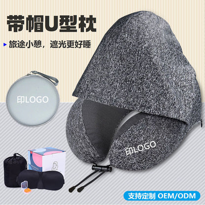 U-Shaped Pillow with Hat, Memory Foam, Light-Blocking Travel Pillow, Airplane Neck Pillow, Office Memory Nap Pillow, Customizable - image 1