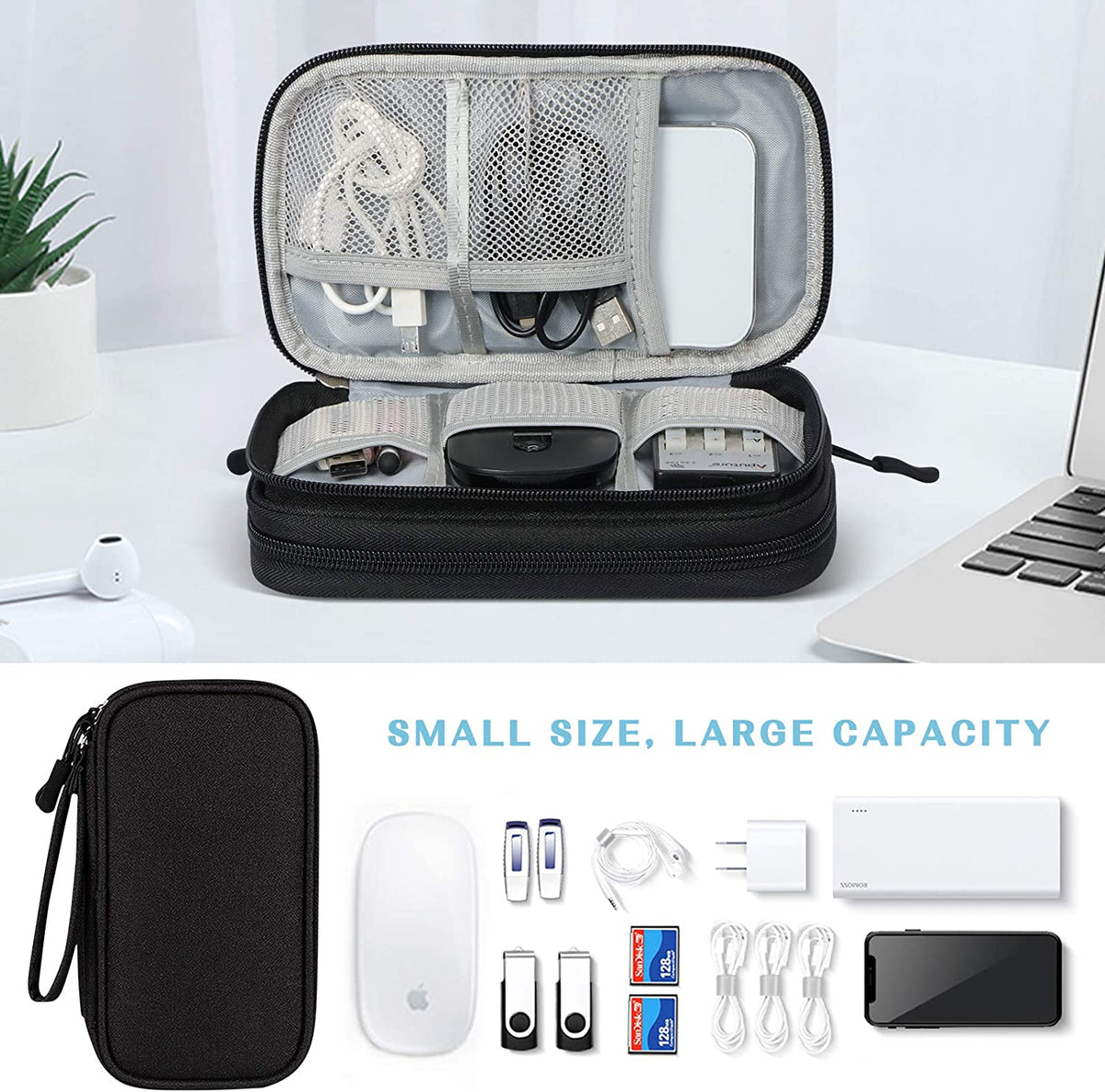 FYY Travel Cable Organizer Pouch Electronic Accessories Carry Case Portable Waterproof Double Layers All-in-One Storage Bag for Cord, Charger, Phone, Earphone Black