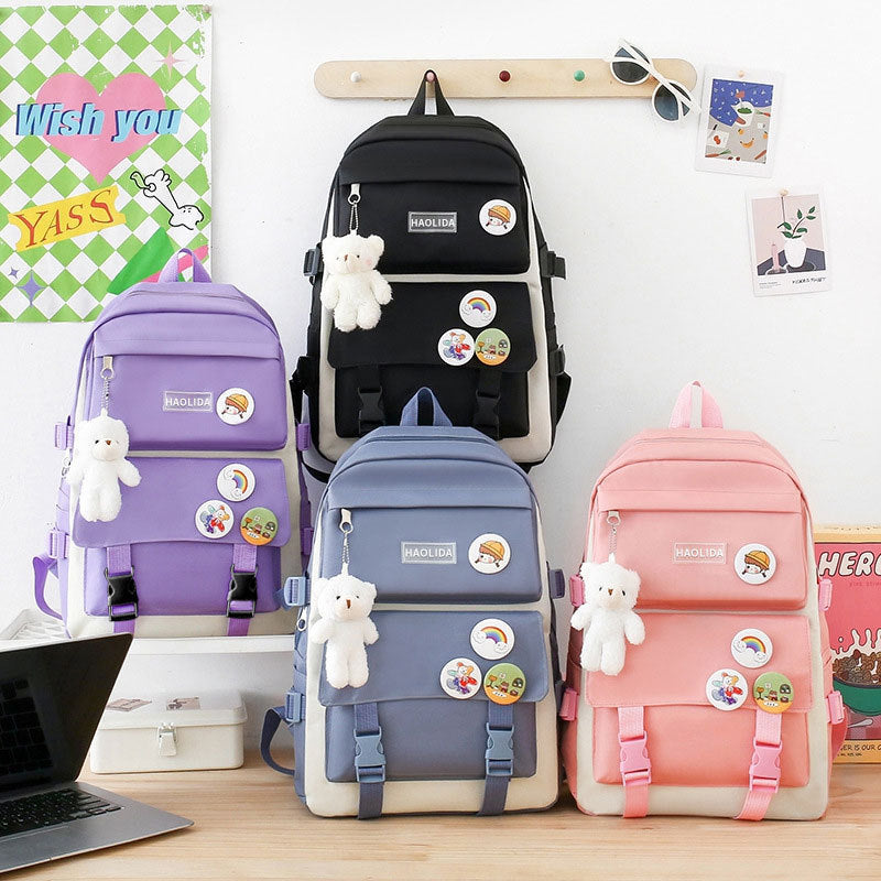 Student Schoolbag Small Fresh Style Campus Style Fashionable Backpack Four-piece Set Korean Style Casual Lightweight Travel Computer Backpack - image 1