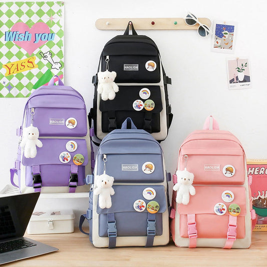 Student Schoolbag Small Fresh Style Campus Style Fashionable Backpack Four-piece Set Korean Style Casual Lightweight Travel Computer Backpack - image 1