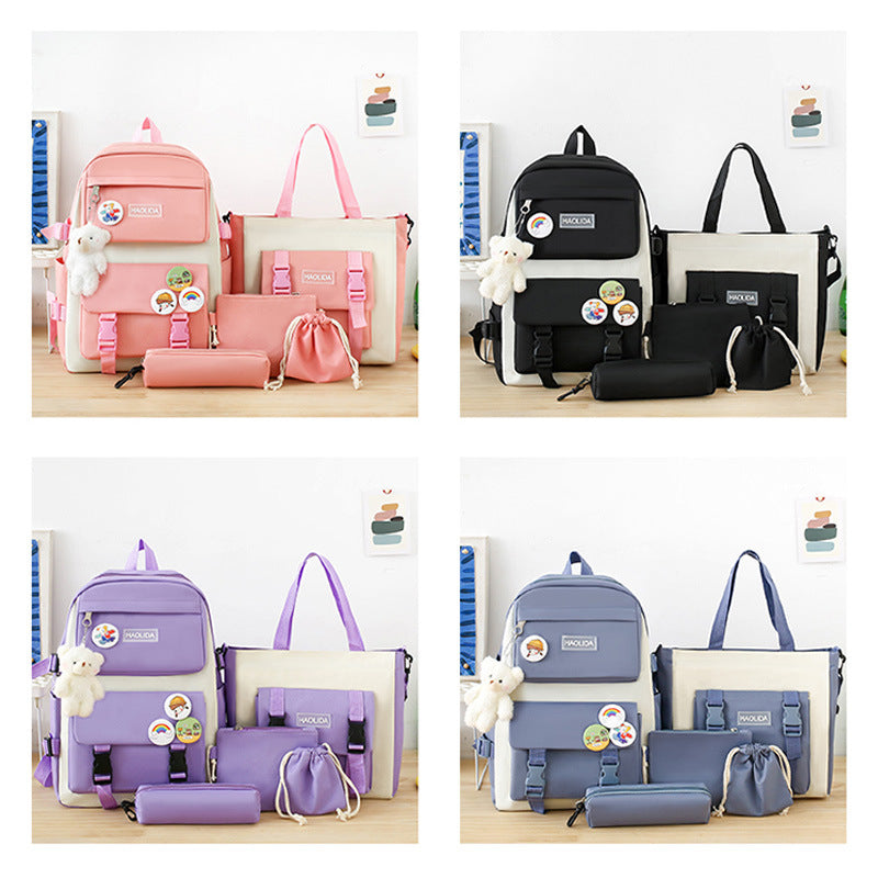 Student Schoolbag Small Fresh Style Campus Style Fashionable Backpack Four-piece Set Korean Style Casual Lightweight Travel Computer Backpack - image 2