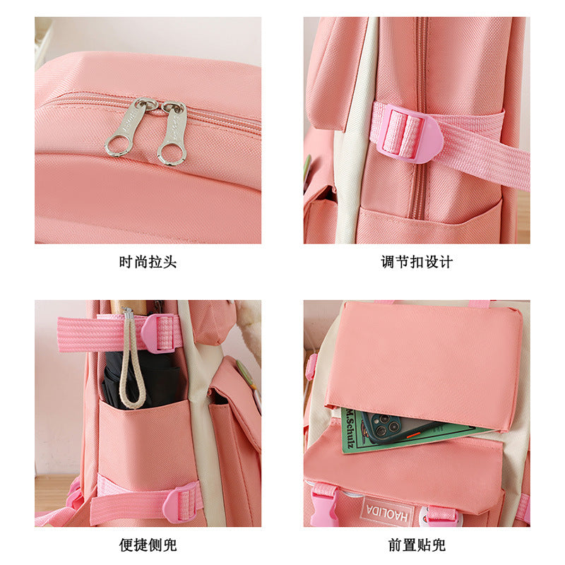 Student Schoolbag Small Fresh Style Campus Style Fashionable Backpack Four-piece Set Korean Style Casual Lightweight Travel Computer Backpack - image 3