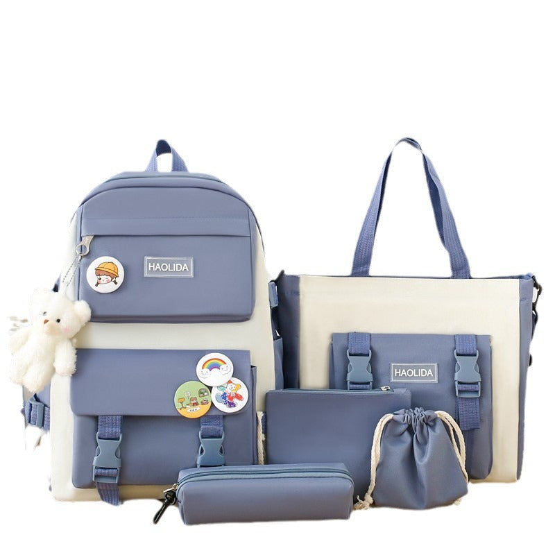 Student Schoolbag Small Fresh Style Campus Style Fashionable Backpack Four-piece Set Korean Style Casual Lightweight Travel Computer Backpack - image 5