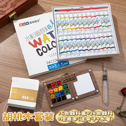 Mini Watercolor Pigment Walnut Box Portable Hand Ledger Book Sketchup Travel Painting Book Color Tone Small Sketchpad - image 3